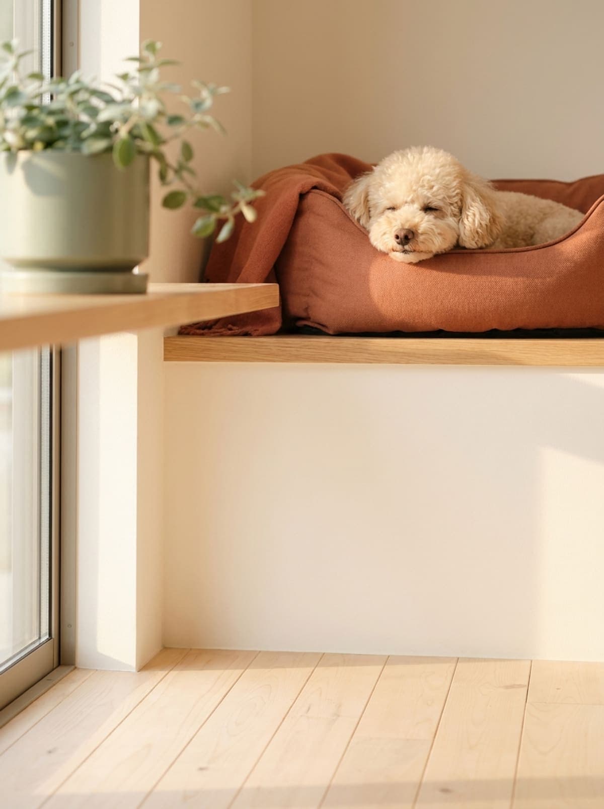 テラコッタのベッドでくつろぐ愛犬