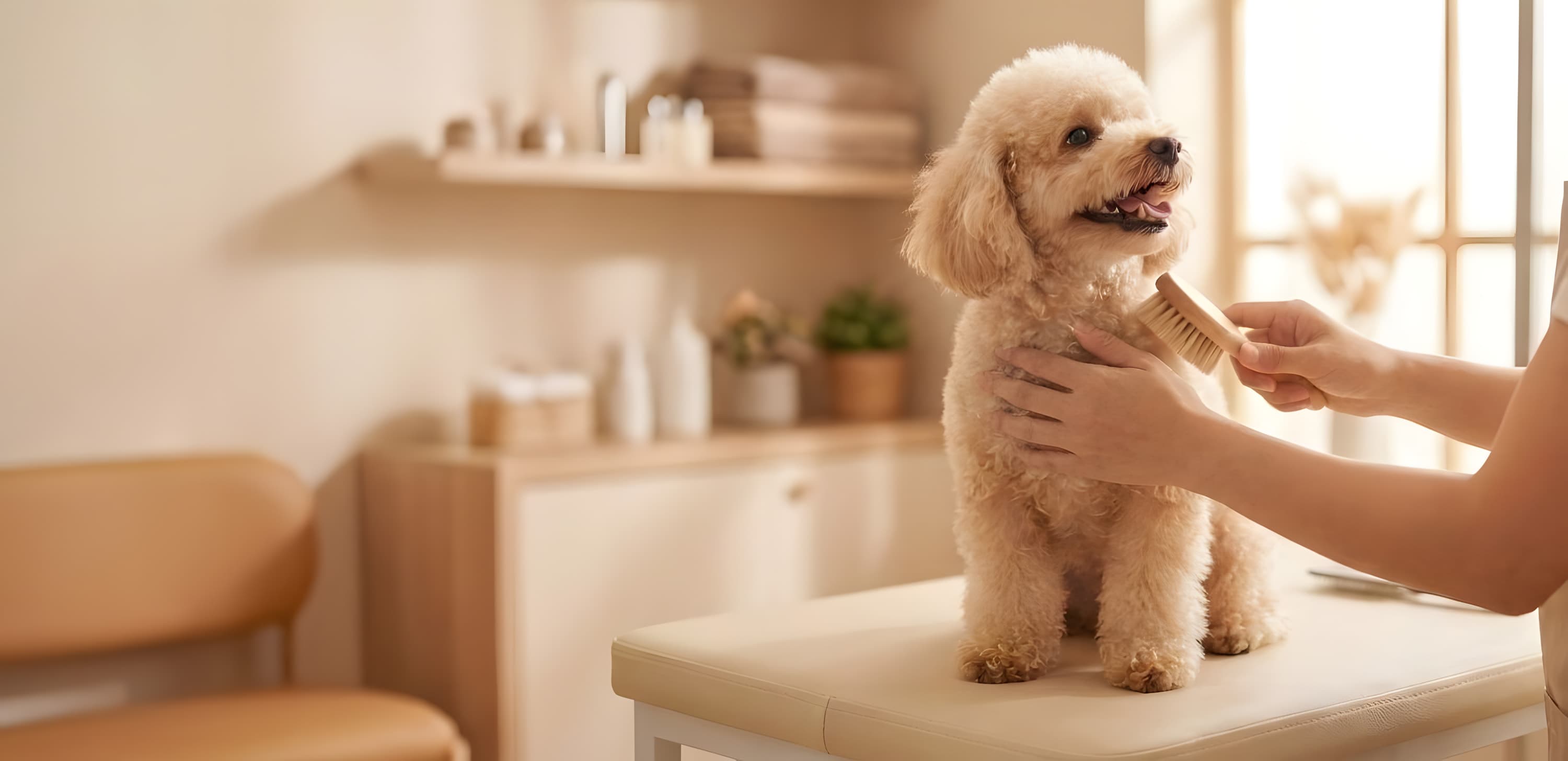 トリミング中、トリマーを見上げてうれしそうな愛犬