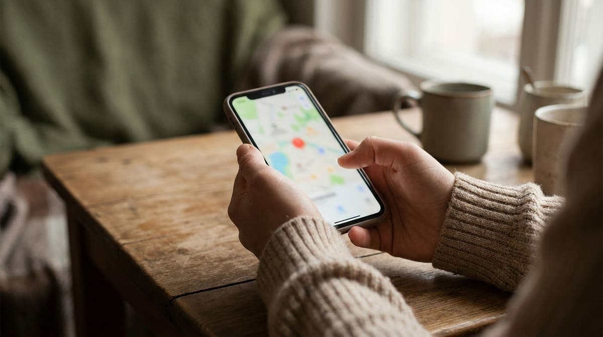 スマートフォンで地図アプリと店舗情報を見ている手元。画面の地図はぼかされている