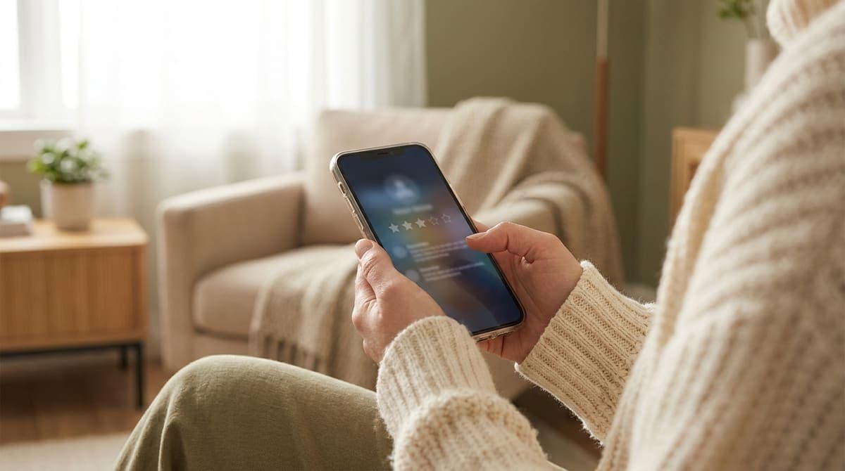 スマートフォンでレビュー画面のようなものを見る手元。画面の内容は判読できないほどぼかされている
