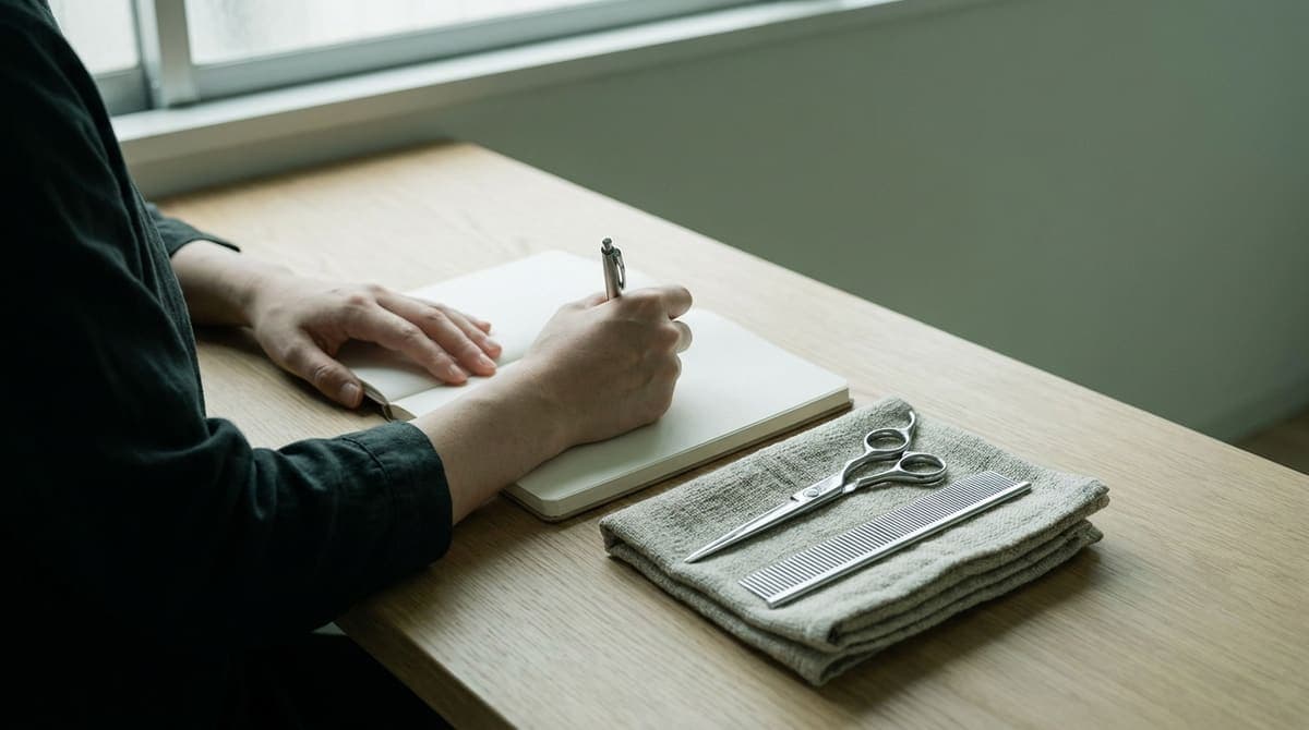 窓辺の机で白紙のノートにペンで書き込む手元。かたわらの布の上にトリミング用のハサミとコーム