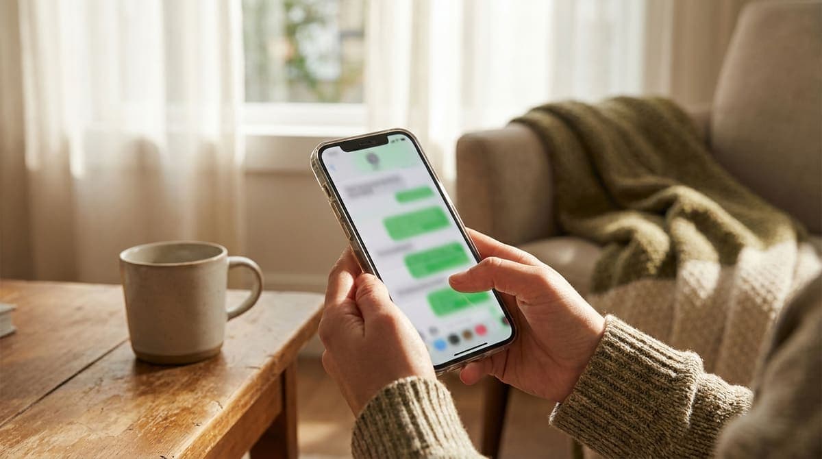 スマートフォンでメッセージを送るような手元。画面の内容は判読できないほどぼかされている