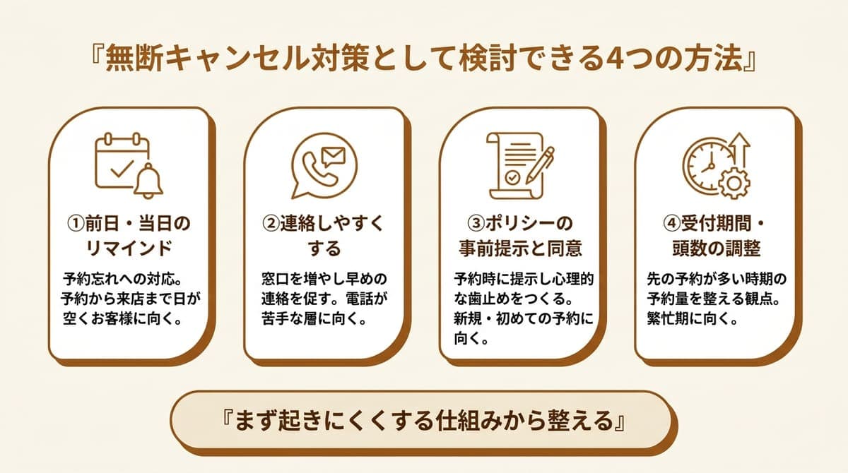 無断キャンセル対策として検討できる4つの方法(前日・当日のリマインド、連絡しやすくする、ポリシーの事前提示と同意、受付期間や頭数の調整)と、それぞれ向いている場面をカード型に整理した図