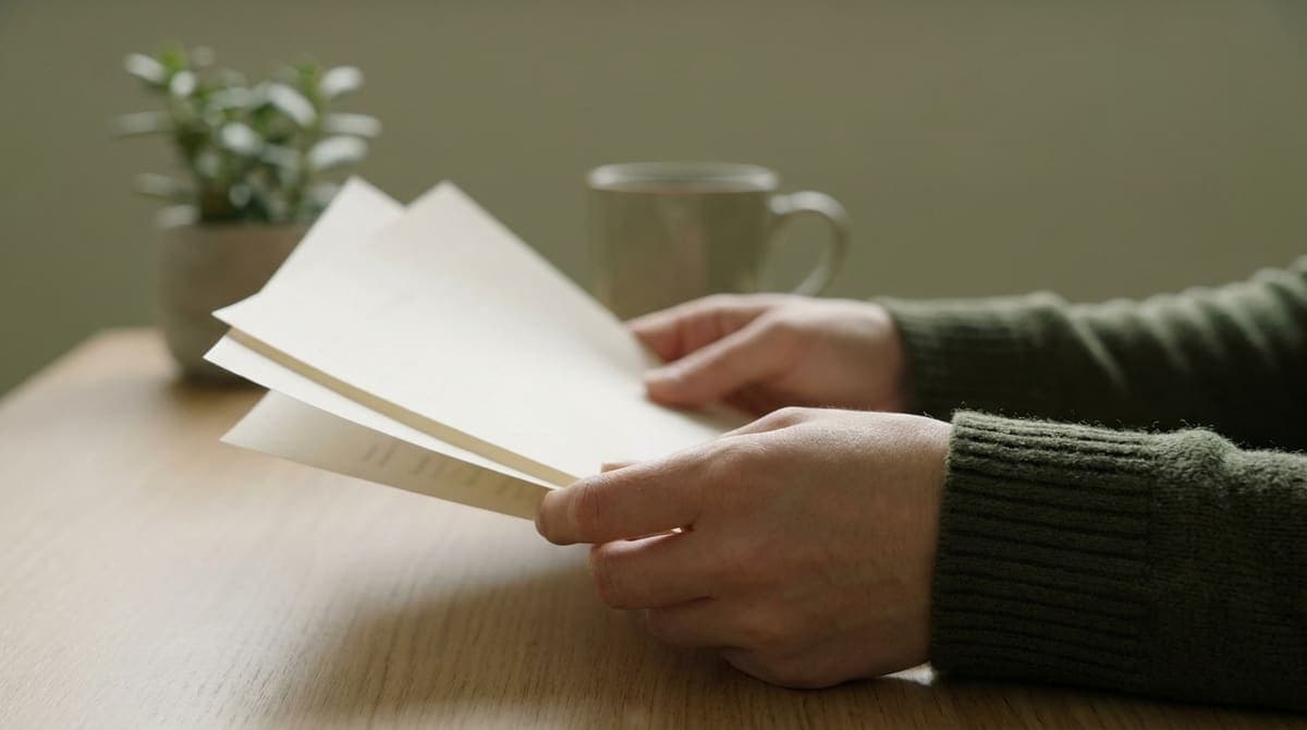 机で数枚の書類を両手に持って確認する手元