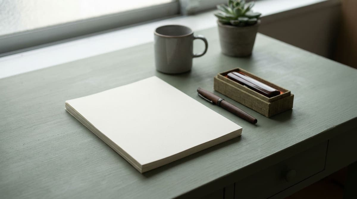 机の上に置かれた白い書類の束とペン、印鑑ケース、マグカップ