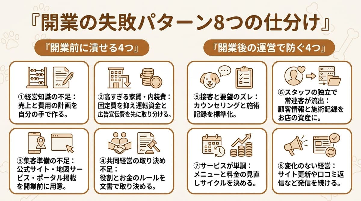 開業の失敗パターン8つの仕分けの図解。開業前に潰せる4つと開業後の運営で防ぐ4つの失敗と対策をカード型で整理
