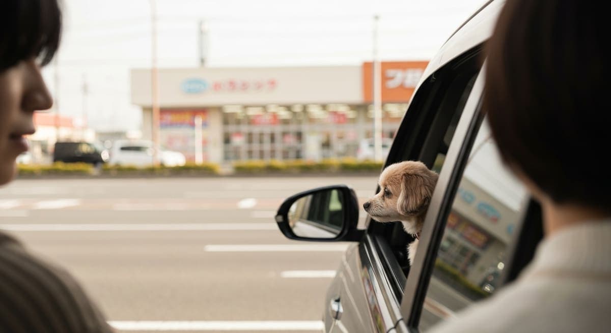 郊外の道路沿いで車の窓から顔を出す小型犬