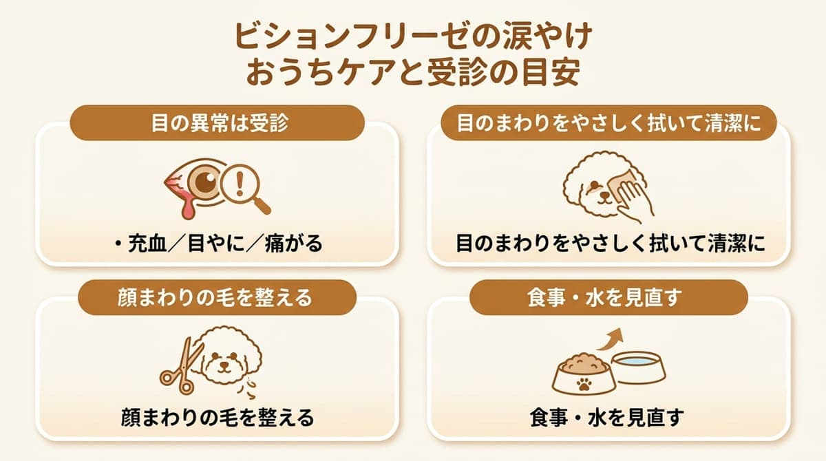 ビションフリーゼの涙やけケアの観点(目の異常は受診・やさしく拭いて清潔に・顔まわりの毛を整える・食事と水を見直す)をまとめたカード型の図解