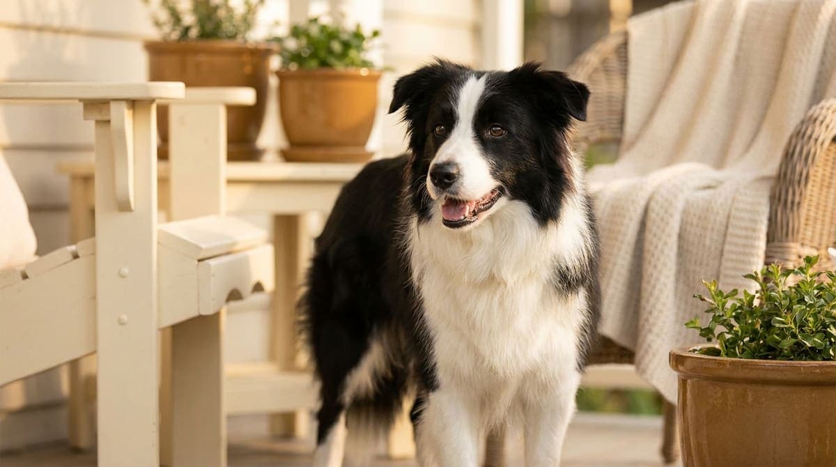 広場で活発に動く黒白の中型犬