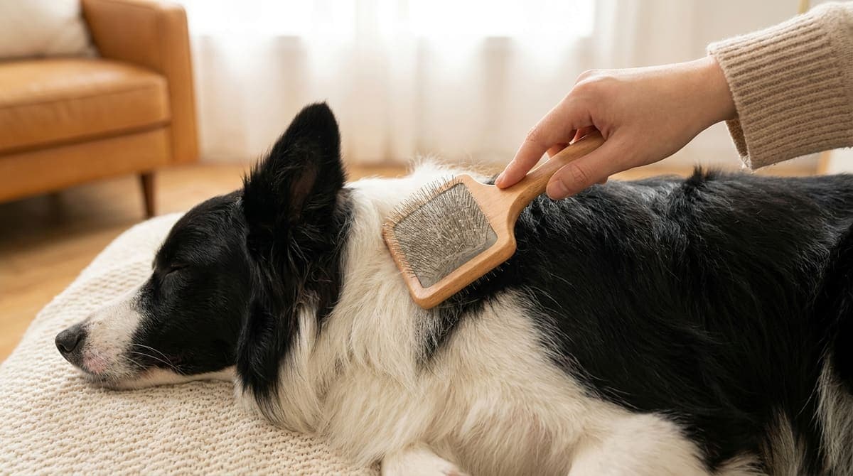 屋外で運動する黒白の中型犬と飼い主