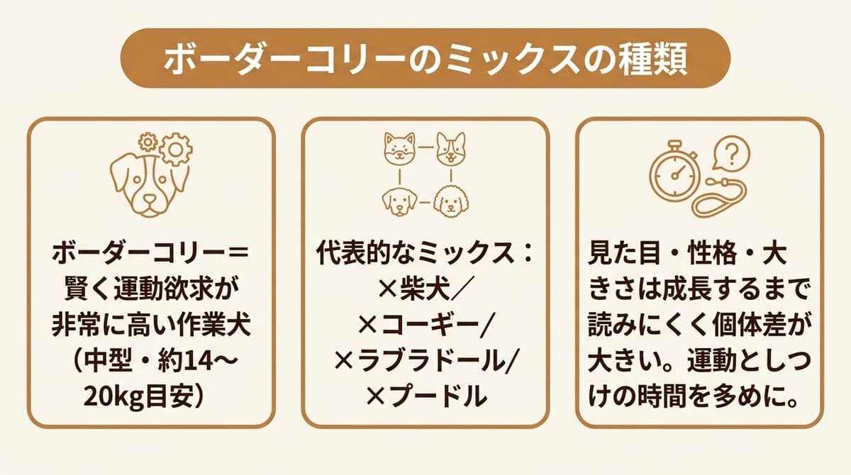 ボーダーコリーの代表的なミックスと特徴の傾向をまとめた一覧イラスト
