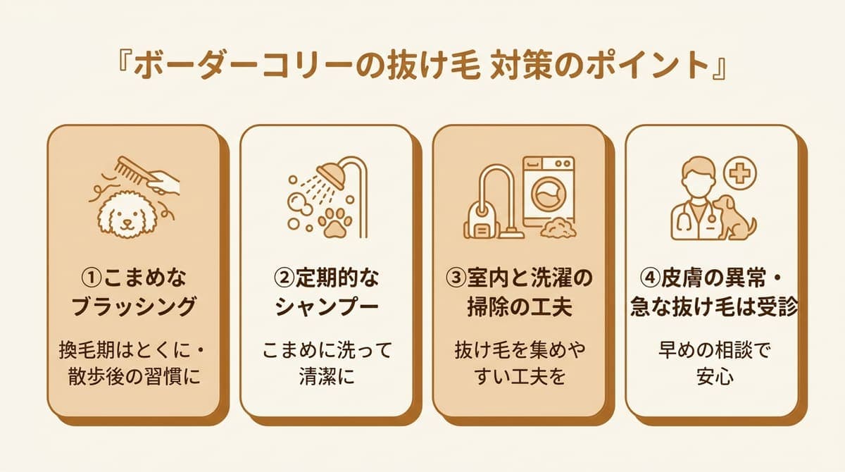 ボーダーコリーの抜け毛対策の観点(こまめなブラッシング・定期的なシャンプー・室内と洗濯の掃除・皮膚の異常は受診)をまとめたカード型の図解