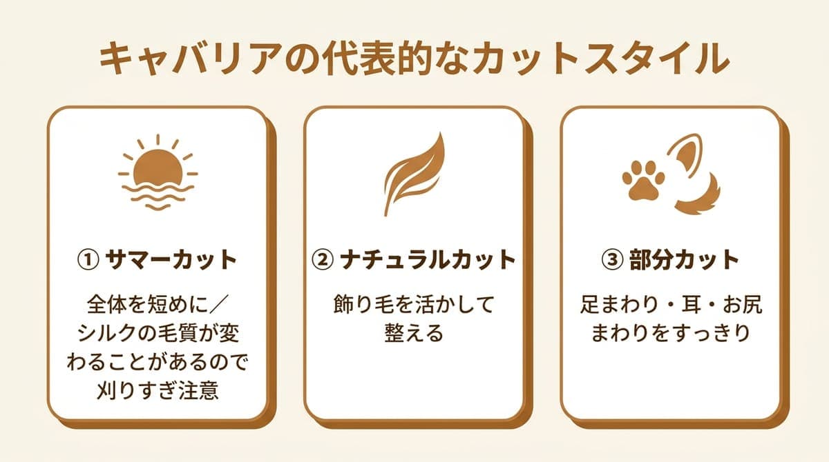 キャバリアの代表的なカットスタイル(サマーカット・ナチュラルカット・部分カット)の特徴をまとめたカード型の図解