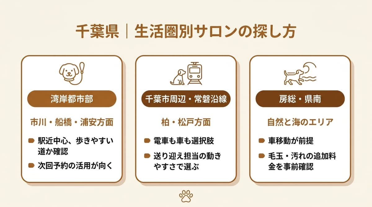湾岸都市部・千葉市周辺常磐沿線・房総県南の3つの生活圏別にサロンの探し方のポイントをまとめた図解