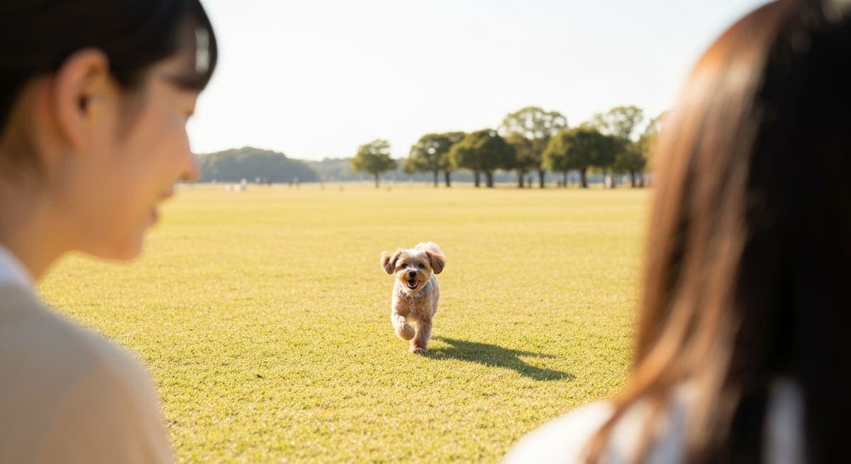 広い芝生の公園を元気に駆ける小型犬