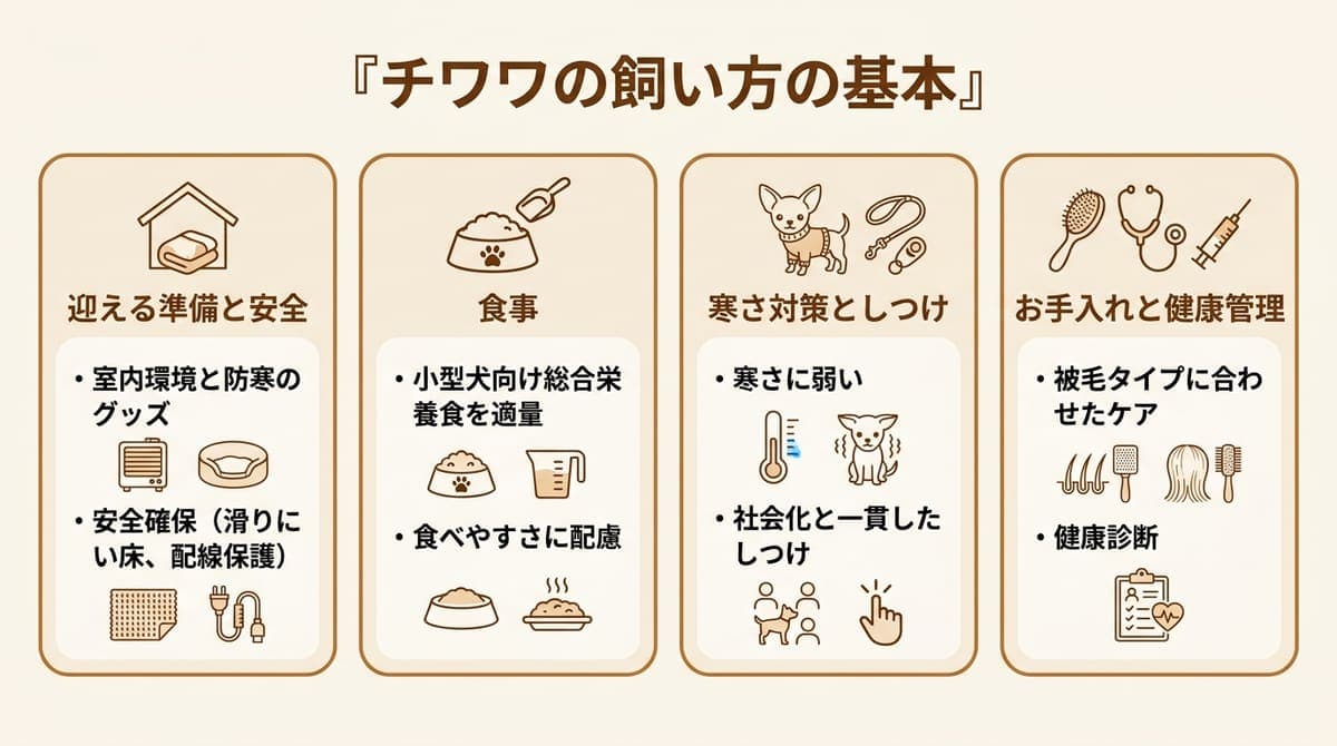 チワワの飼い方の基本(迎える準備とグッズ・食事・寒さ対策としつけ・お手入れとサロンの活用)をまとめたカード型の図解