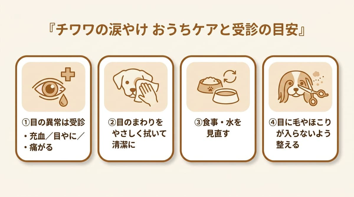 チワワの涙やけケアの観点(やさしく拭く・目のまわりを清潔に・食事と水を見直す・目の異常は受診)をまとめたカード型の図解