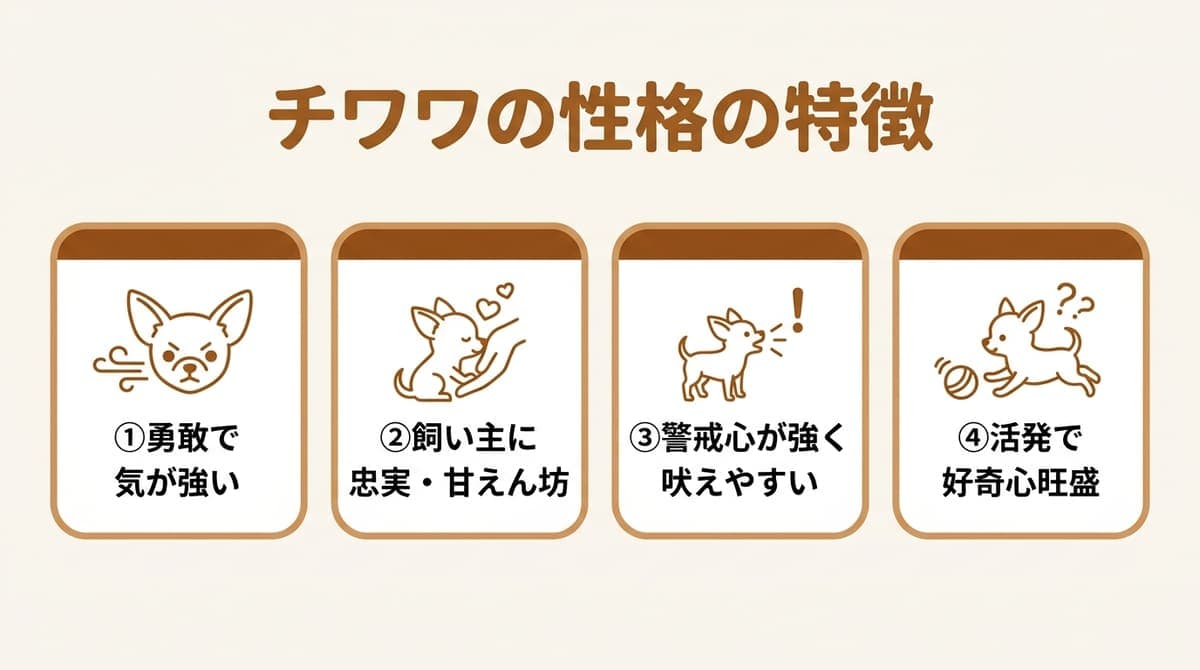 チワワの性格の特徴(勇敢で気が強い・飼い主に忠実・警戒心が強い・甘えん坊)をまとめたカード型の図解