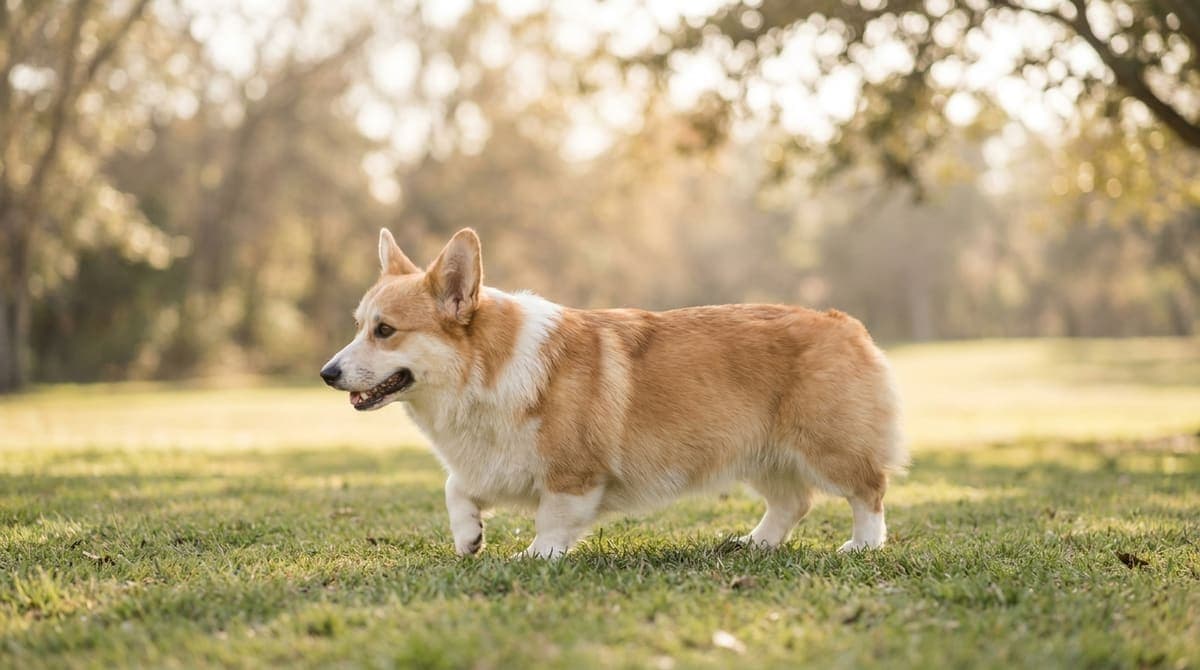 屋外で元気に過ごす中型犬のコーギー