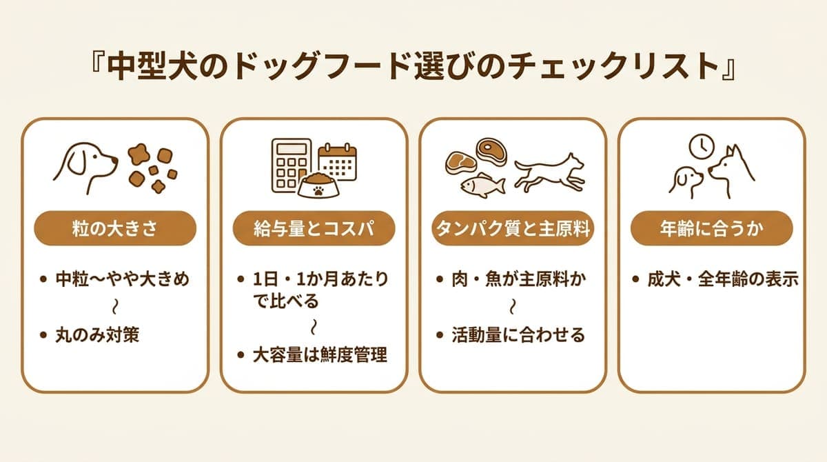 中型犬のドッグフード選びのチェックリスト(粒の大きさ・給与量とコスパ・タンパク質と主原料・年齢に合うか)をまとめたカード型の図解