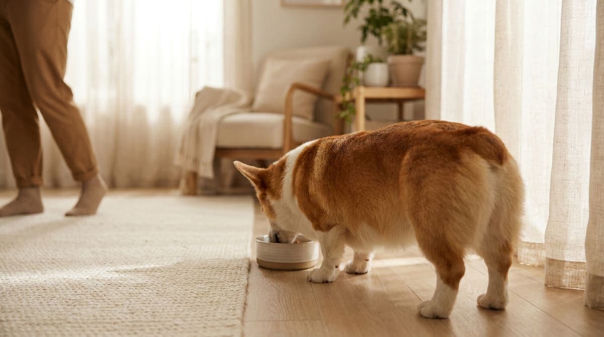 室内でフードボウルからドライフードを食べる中型犬のコーギー
