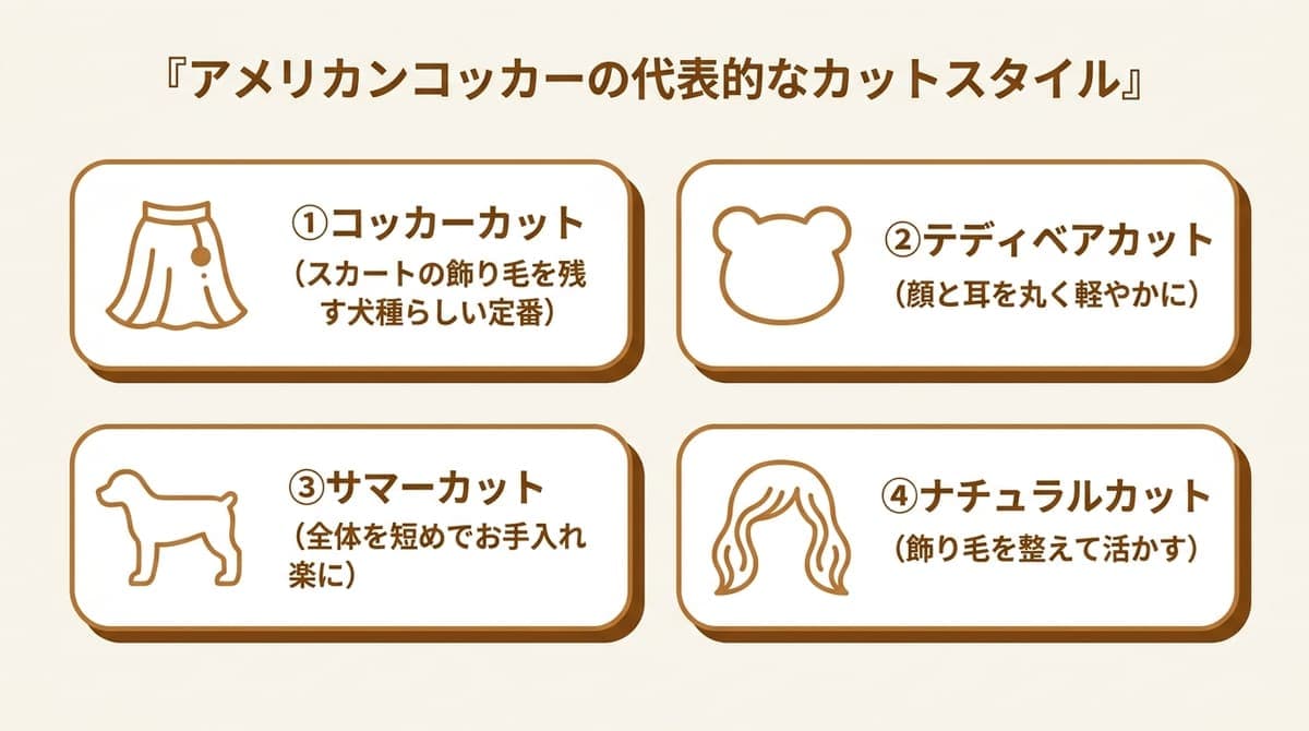 アメリカンコッカースパニエルの代表的なカットスタイル(コッカーカット・テディベアカット・サマーカット・ナチュラルカット)の特徴をまとめたカード型の図解