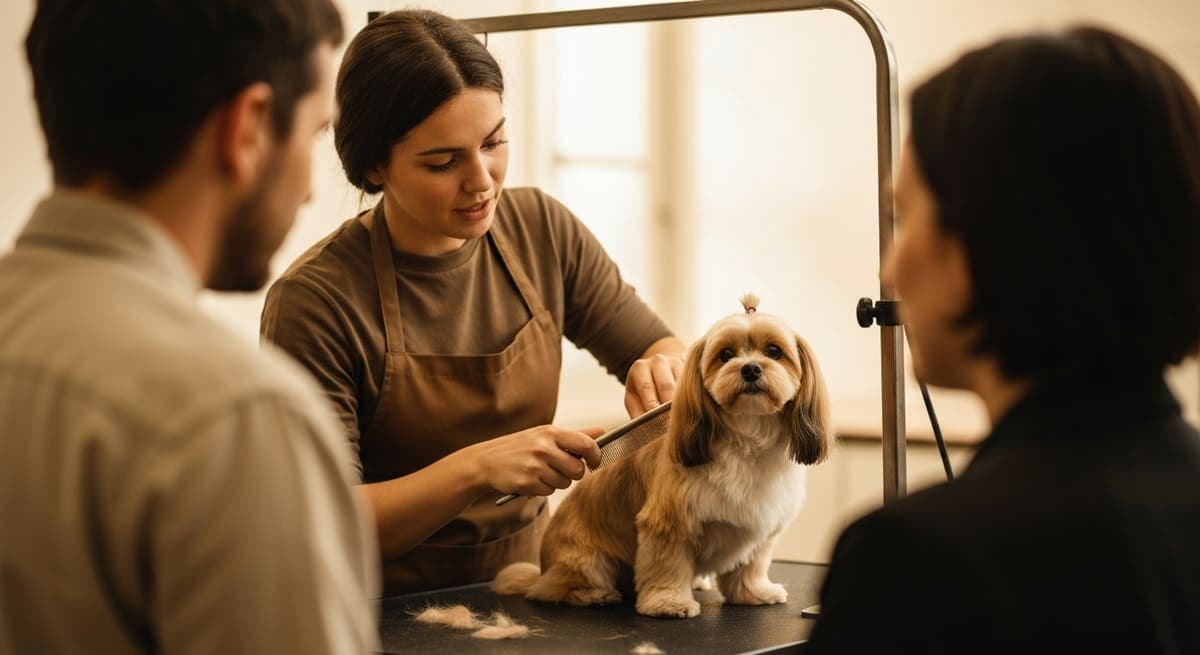 トリミングテーブルで犬の毛並みをコームで確かめながら飼い主と話すトリマー