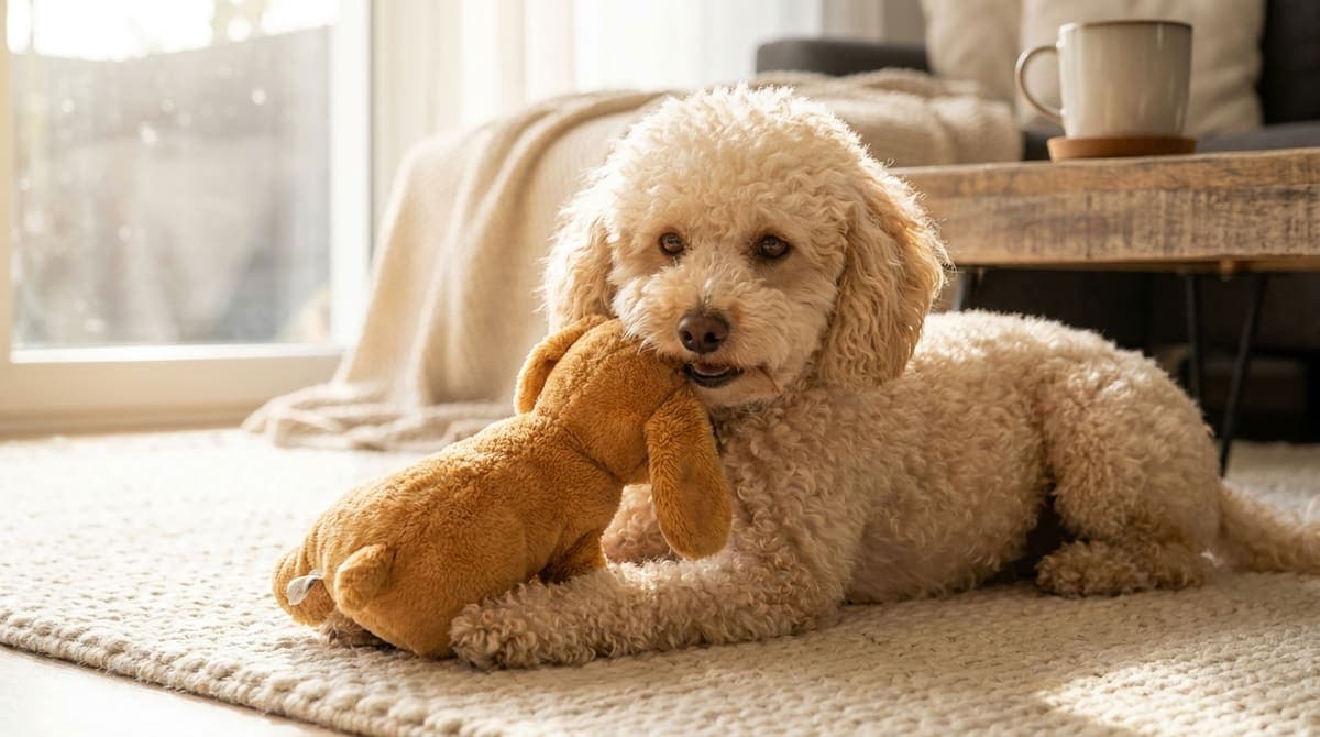 おもちゃで楽しそうに遊んでいる犬