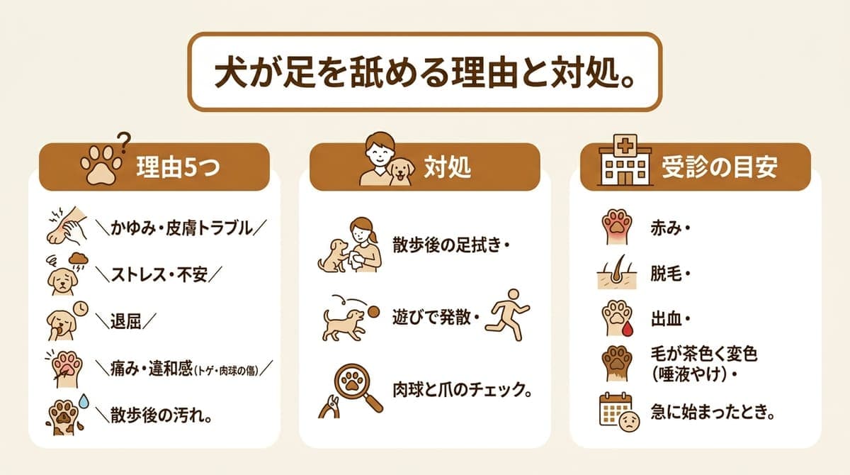 犬が足を舐める5つの理由(かゆみ・ストレス・退屈・痛みや違和感・汚れ)と受診したいサインを整理したカード型の図解