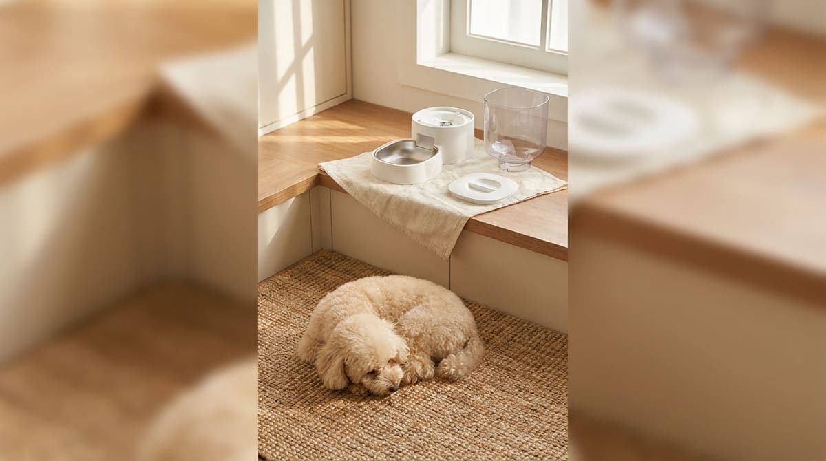 洗って乾かしている自動給餌器のパーツのそばでくつろぐ小型犬