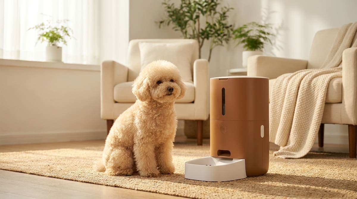 室内で自動給餌器のそばに座り給餌の時間を待つ小型犬