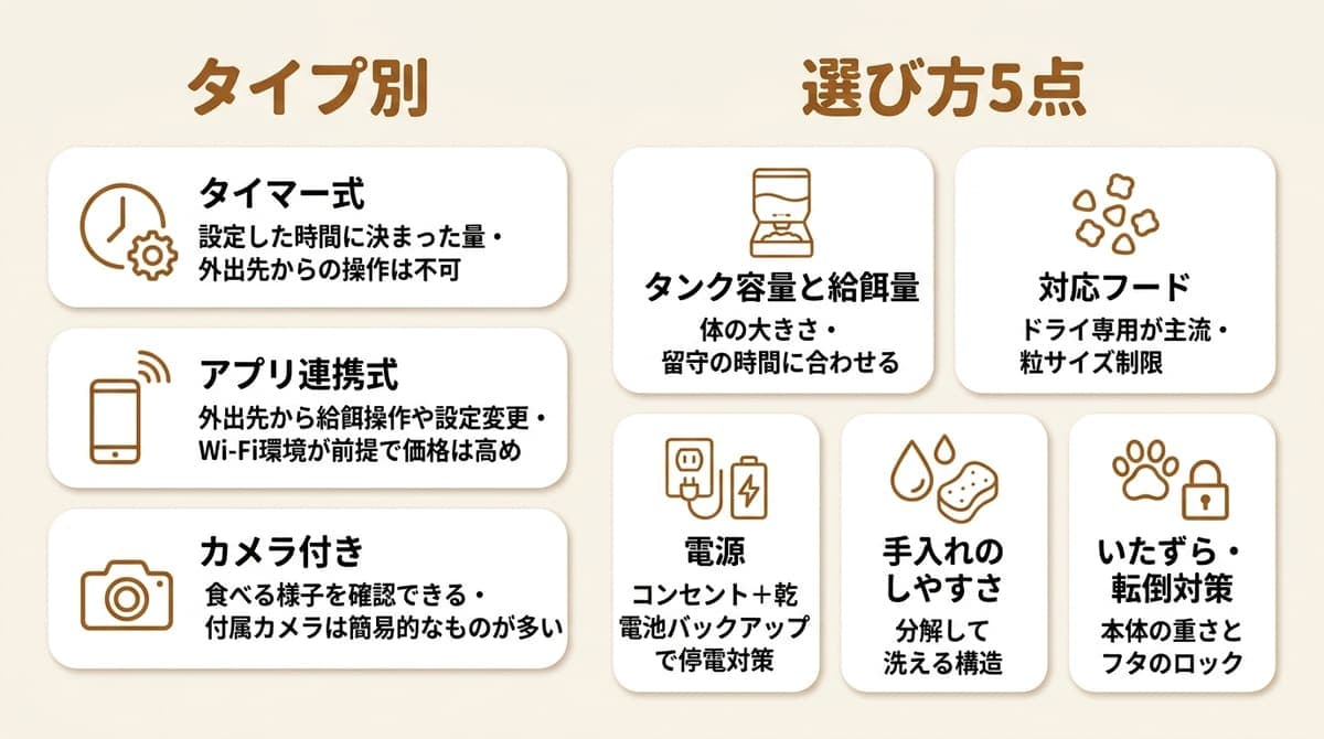 犬の自動給餌器のタイプ別の特徴と選び方のチェックポイントを整理した図解
