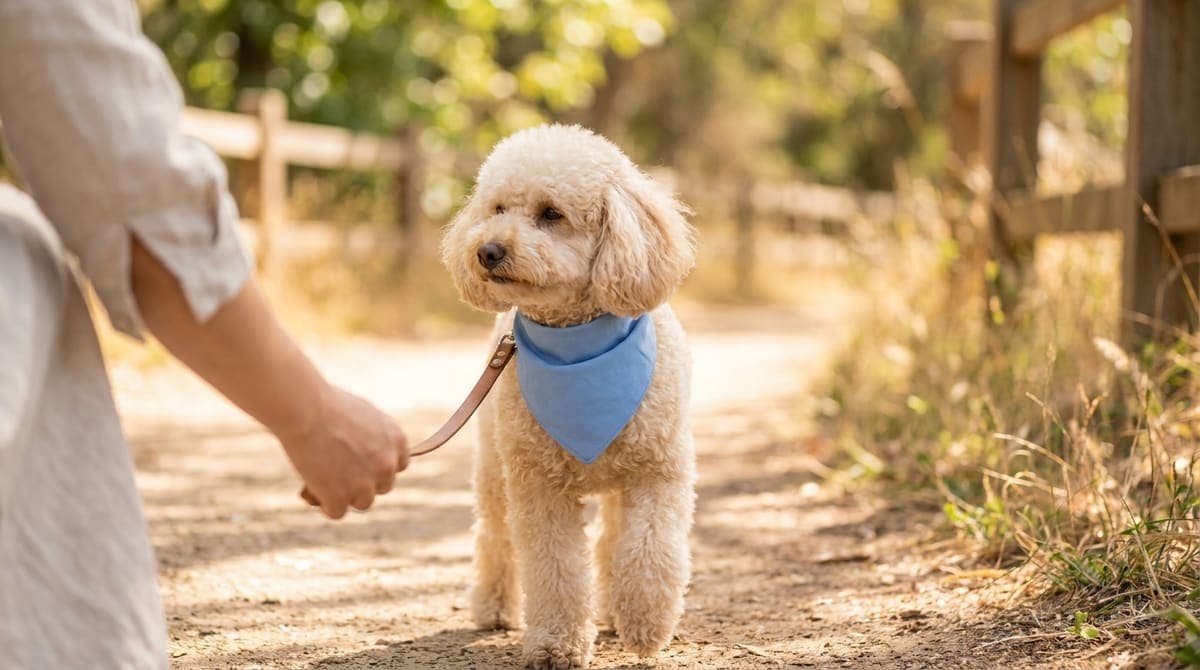 冷感バンダナを着けて夏の散歩をする犬