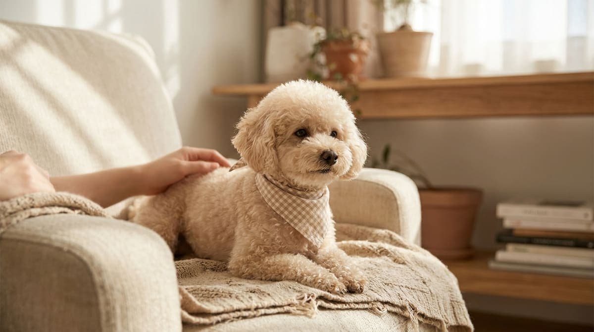 バンダナを後ろ結びで首に巻いた小型犬