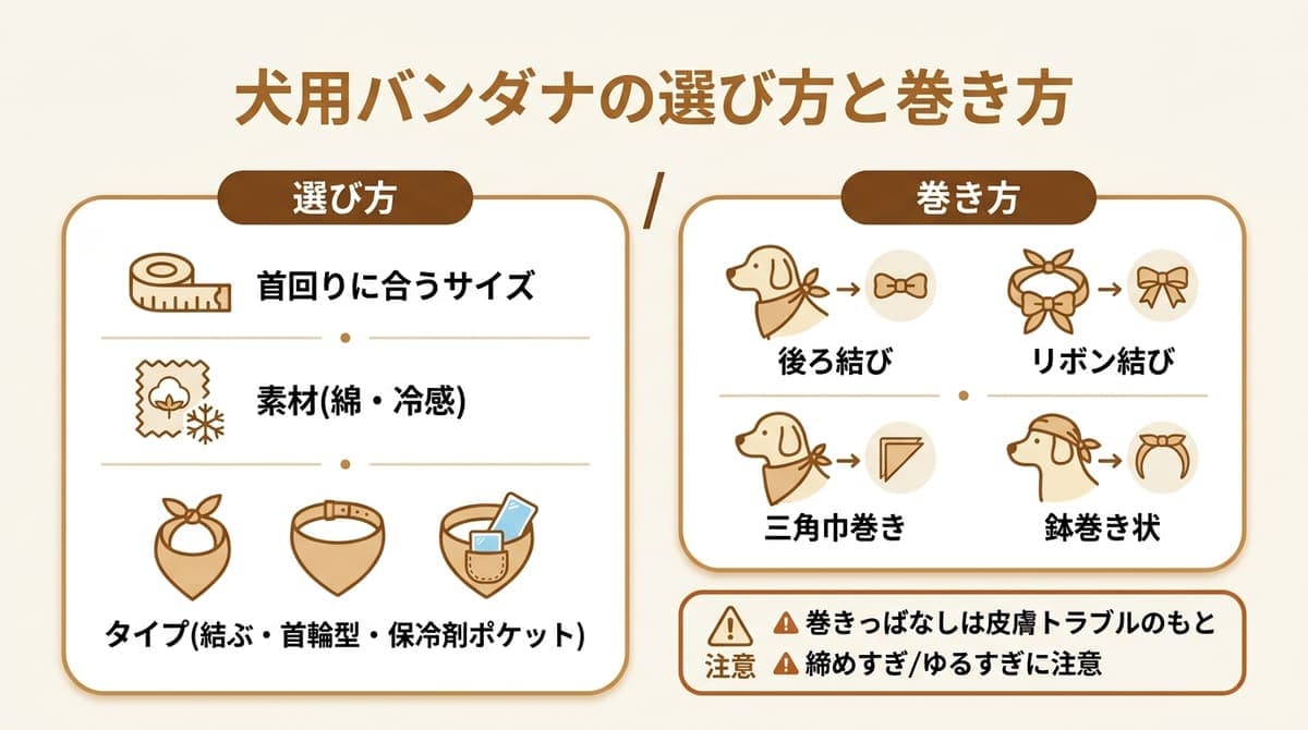 犬用バンダナの選び方と巻き方の要点をまとめた図解