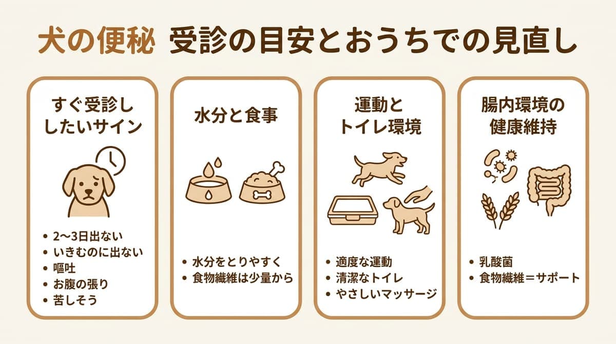 犬の便秘で確認したい4つの観点(受診すべきサイン・水分と食事・運動とトイレ環境・腸内環境の健康維持)をまとめたカード型の図解