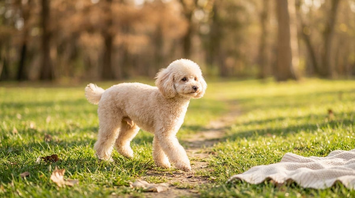 日中の屋外で穏やかに散歩を楽しむ小型犬