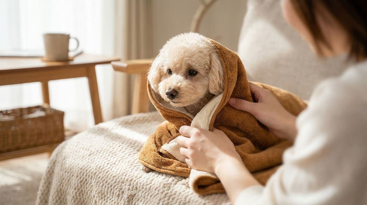 吸水タオルで包まれる小型犬