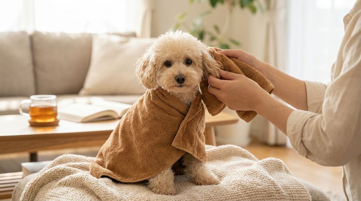 吸水ローブを羽織った犬