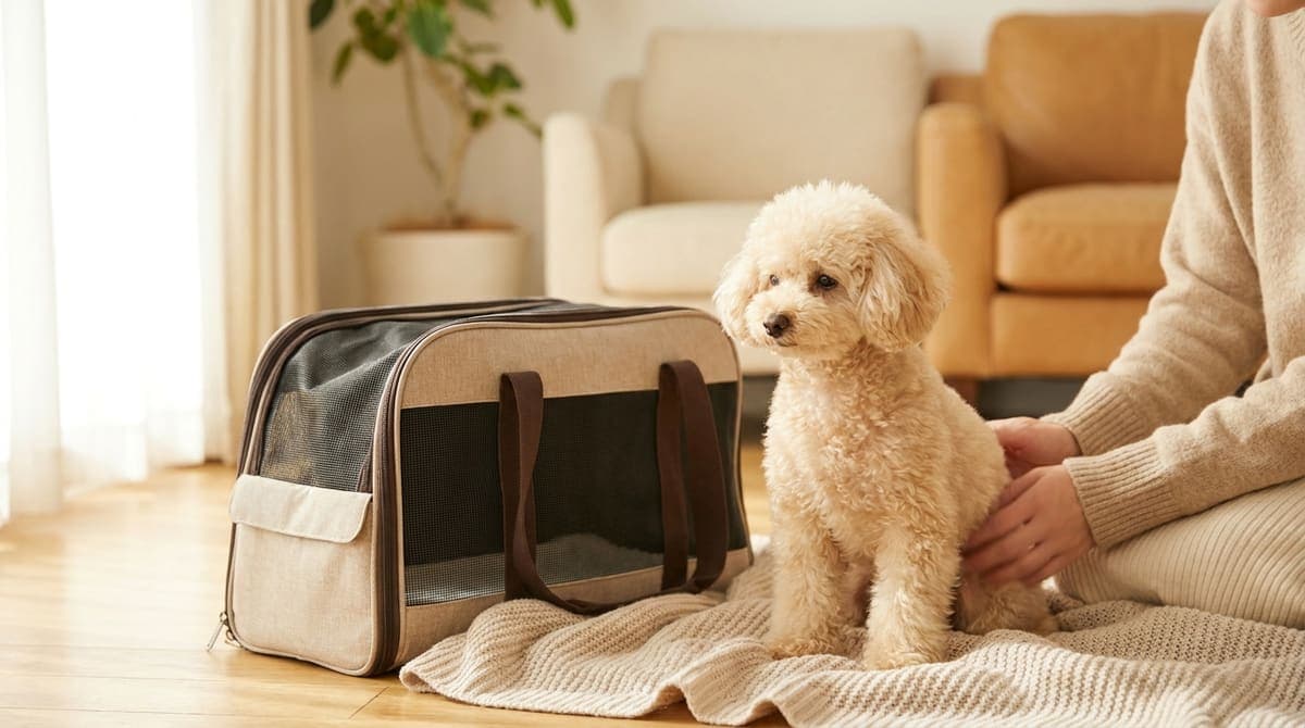 クレートのそばに穏やかに座る小型犬
