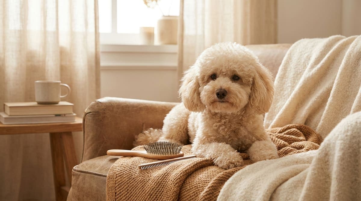 リビングで飼い主にやさしくブラッシングされ、落ち着いた様子の犬