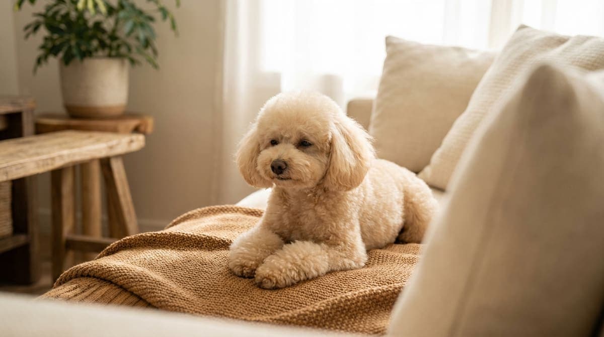 ブラッシングを終えて毛並みの整った、ふわふわの被毛の犬