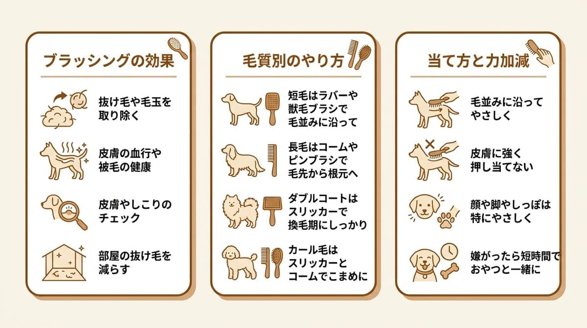 犬のブラッシングを、(1)効果とメリット(2)毛質別のやり方(3)当て方と力加減の3つに分けてまとめたカード型の図解