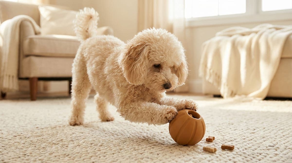 リビングでおやつを詰めたボール型の知育おもちゃを転がして遊ぶ犬