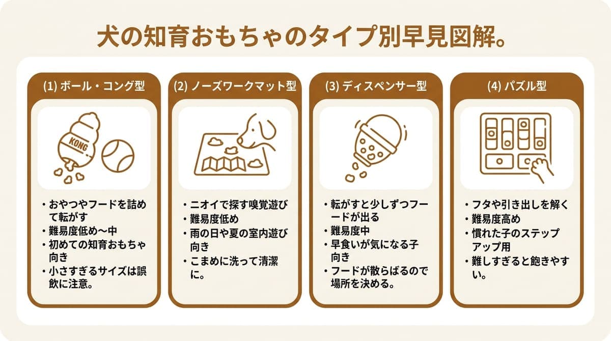 犬の知育おもちゃ4タイプの特徴と難易度を整理した図解