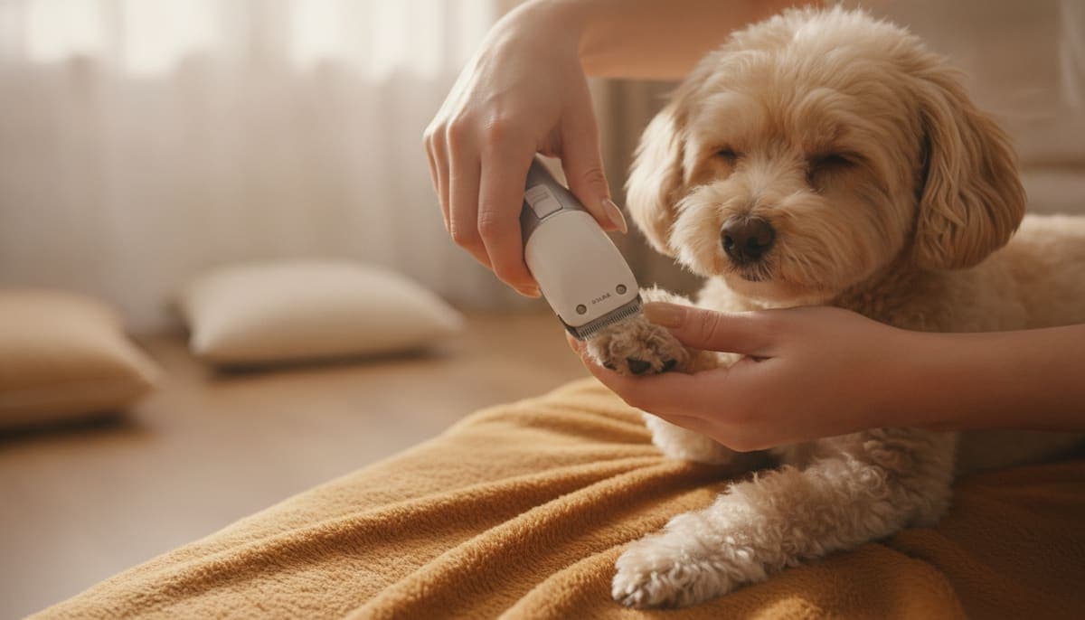 コンパクトなバリカンで小型犬の足裏の毛をやさしく刈る様子