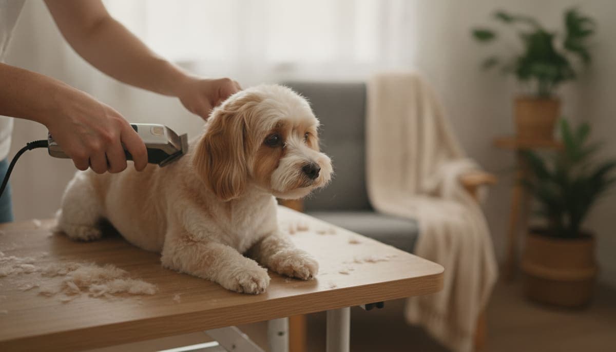 自宅のテーブルで小型犬の全身をバリカンでサマーカットする様子
