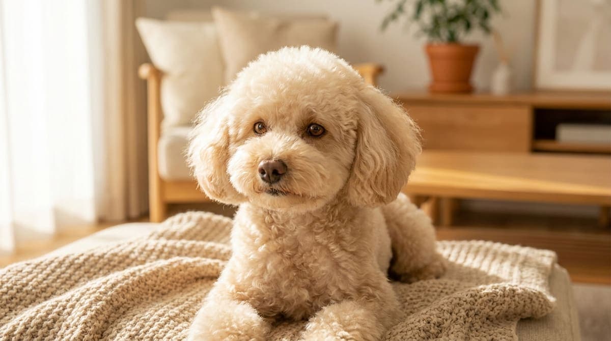 毛並みが整ってふんわりとした上半身の小型犬が正面を向いている様子