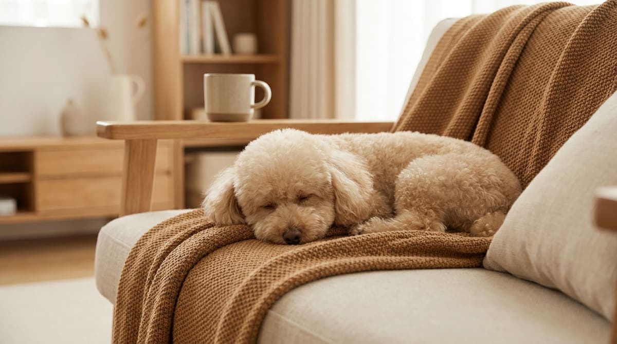 室内で穏やかにくつろいでいる小型犬の様子