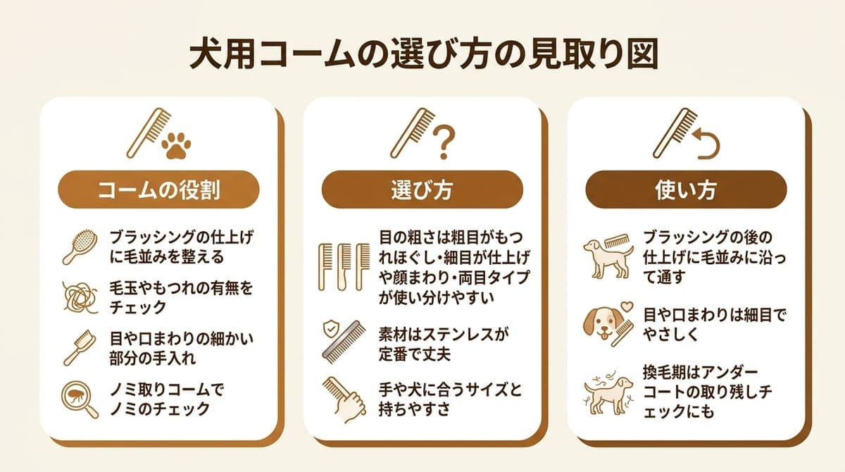 犬用コームの役割・目の粗さ別の用途・使い方の3点をまとめた早見表の図解